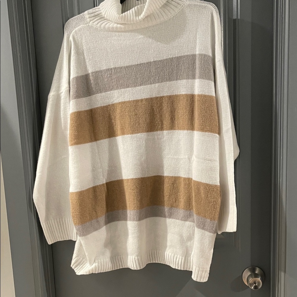 Striped Turtleneck Sweater - White, Gray, and Tan